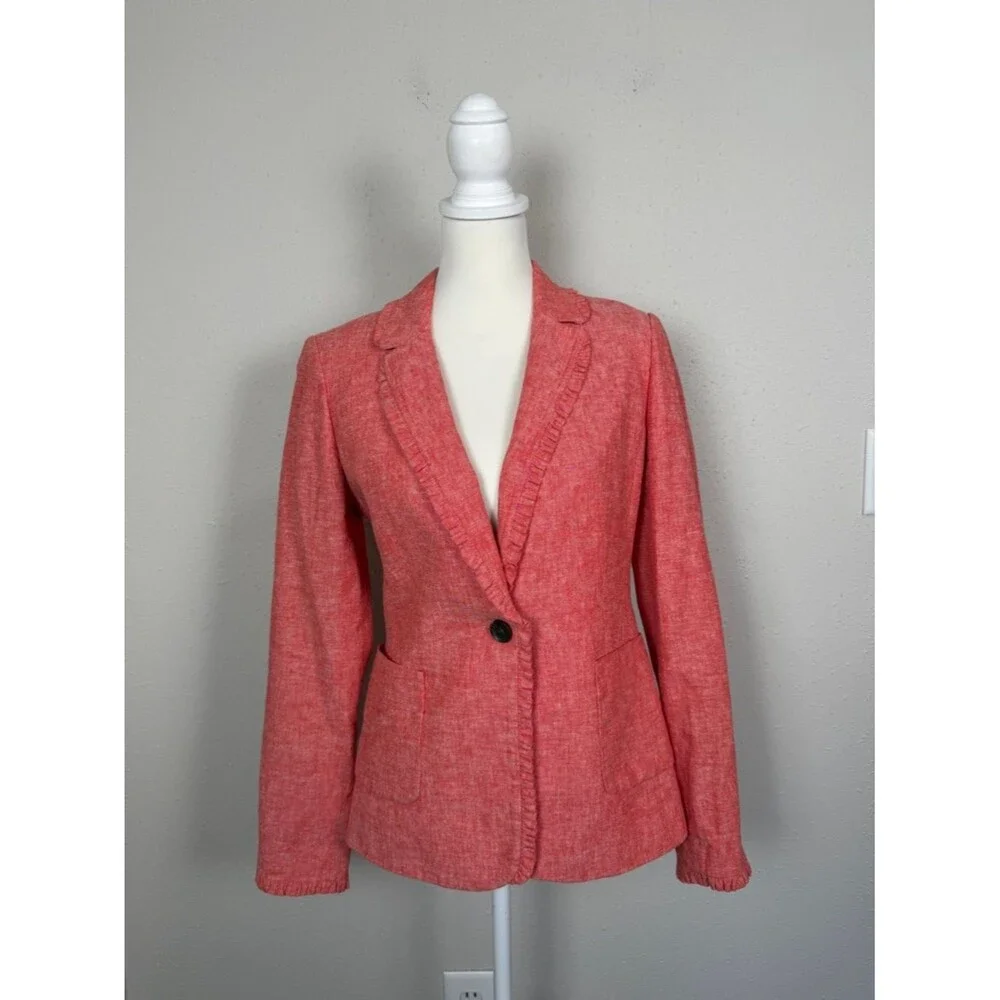 Boden Red Linen Blend Blazer Ruffle Trim Jacket Tailored UK 10 US 6 Career Chic